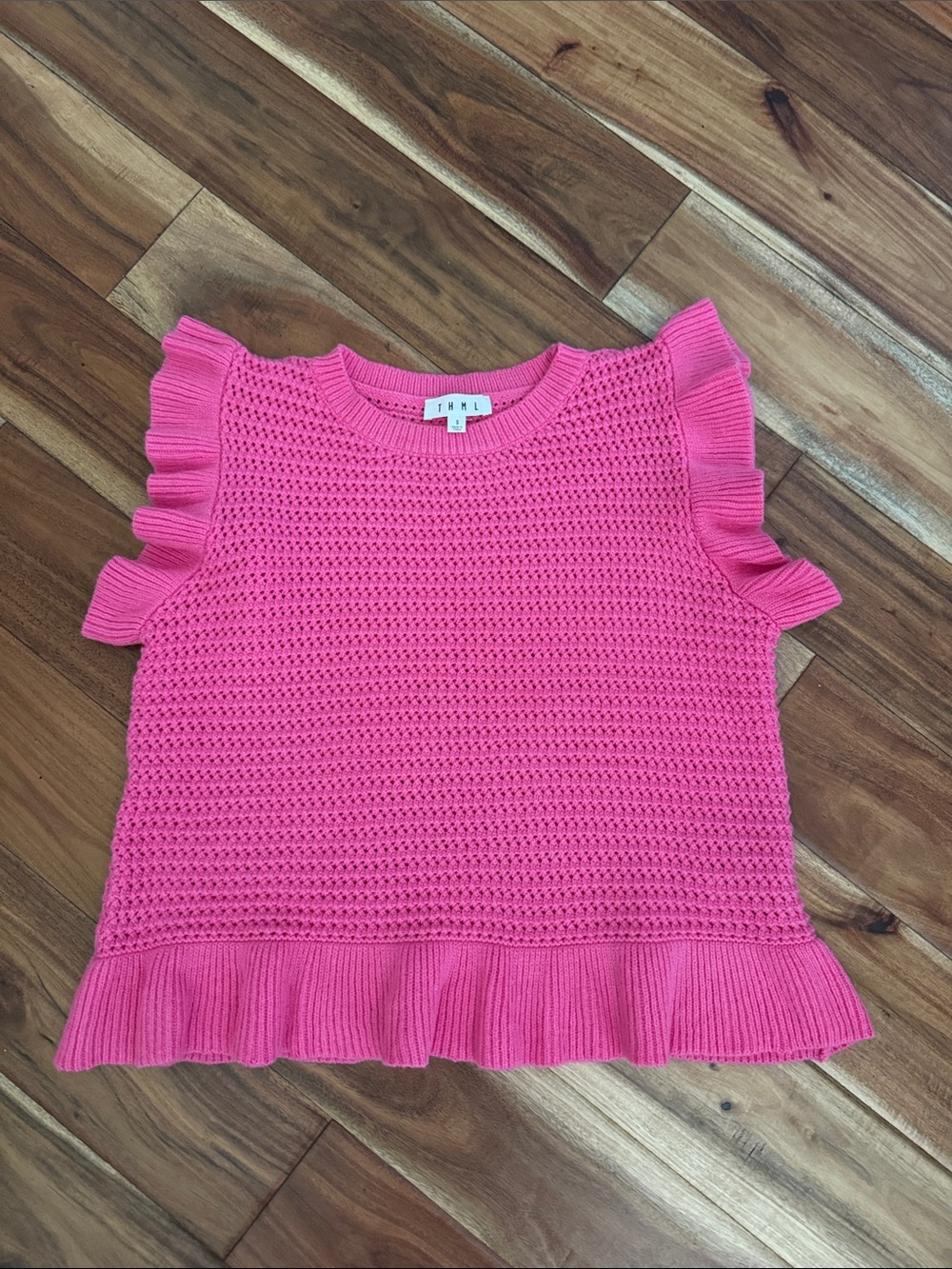 THML pink ruffle sleeve sweater, size small-great condition!